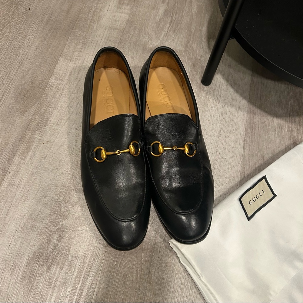 Black men’s jordaan style loafers with gold colored buckles faux leather - Picture 2 of 5